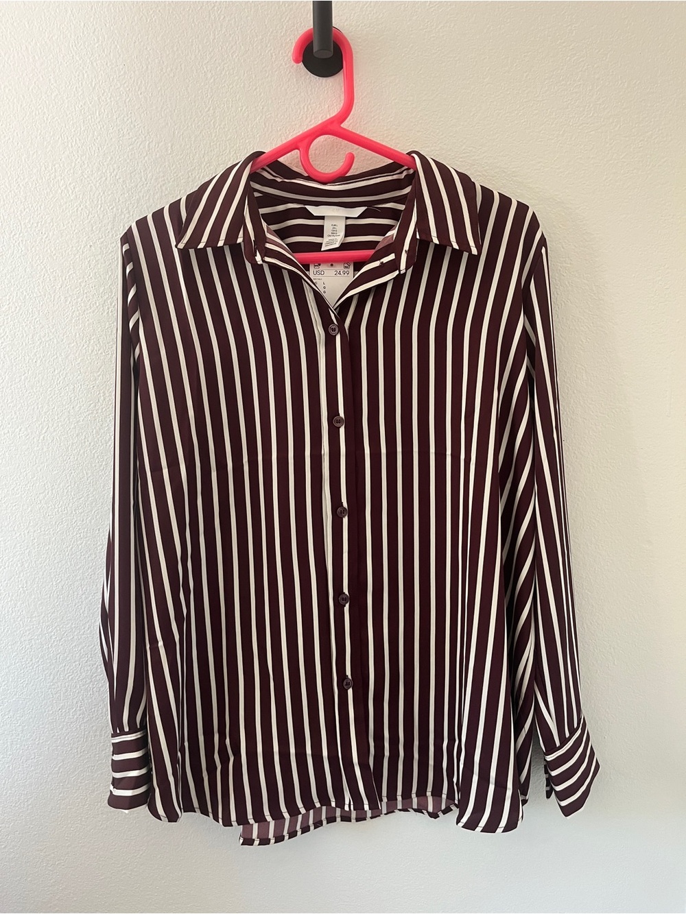 H&M Burgundy and White Vertical Stripe Button-Up Blouse